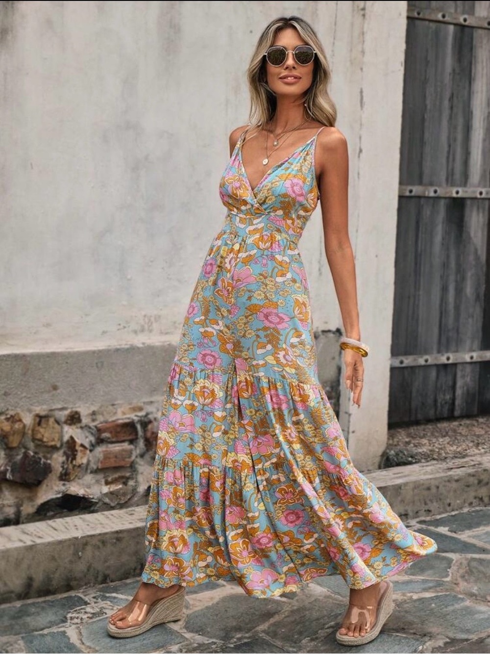 Floral Wide-Leg Jumpsuit in Light Blue and Pink - Picture 4 of 5
